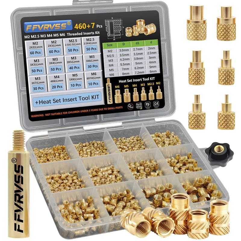 FFVRVSS 460+7Pcs M2 M2.5 M3 M4 M5 M6 Premium Brass Threaded Inserts, Metric Brass Knurled Nuts Assortment Kit, with Heat Set Insert Tool, for Plastic and 3D Printing Components, All-in-one Solutions - Image 1